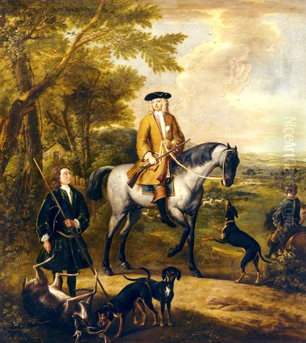 Gilbert Coventry, 4th Earl of Coventry (c.1688 - 1719) with Two Huntsmen in a Landscape Oil Painting by John Wootton