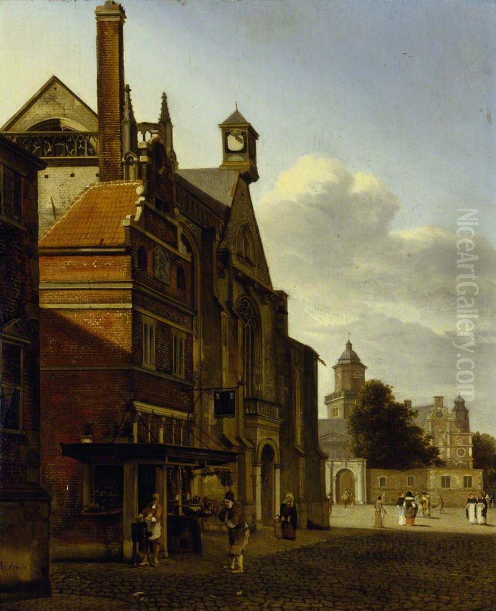 A Square in a Dutch Town Oil Painting by Jan Van Der Heyden