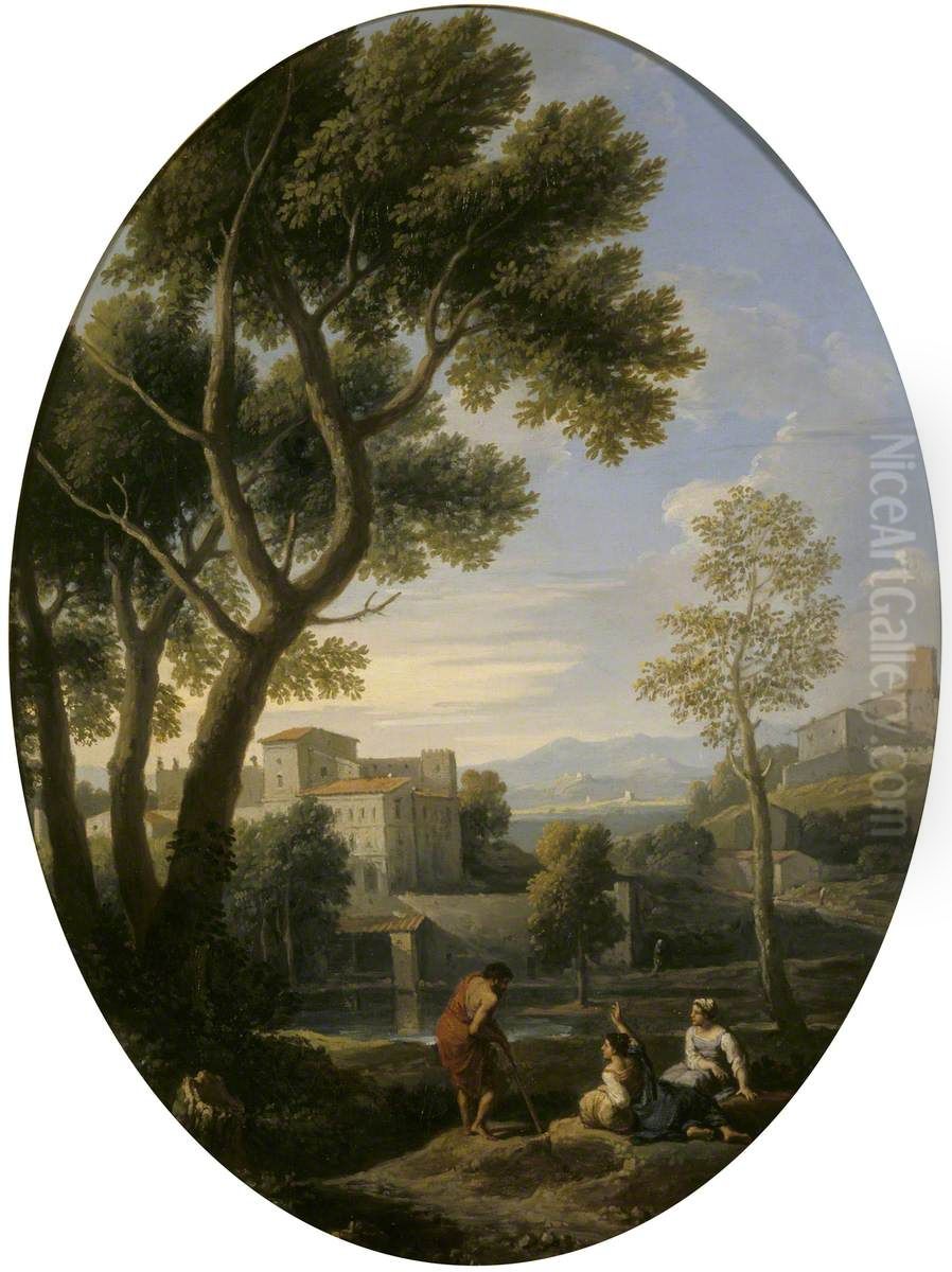 Classical Landscape with a Man and Two Women conversing, a Villa in the Distance Oil Painting by Jan Frans van Bloemen