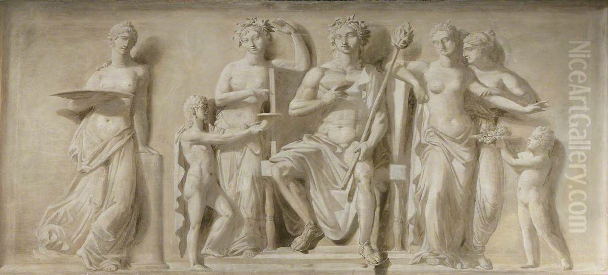Bacchus enthroned served by Boys with Attendant Bacchantes Oil Painting by George Barret, Jr.