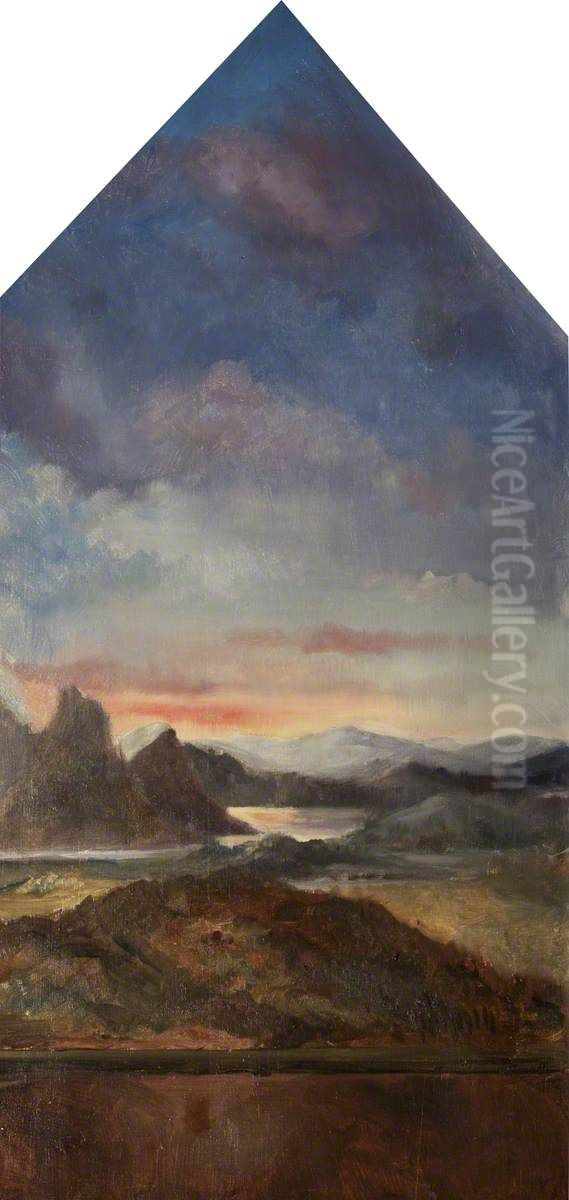 Evening Landscape with River and Mountains (centre) and The Virgin Mary (left) and Saint John (right) Oil Painting by Rebecca Dulcibella Orpen