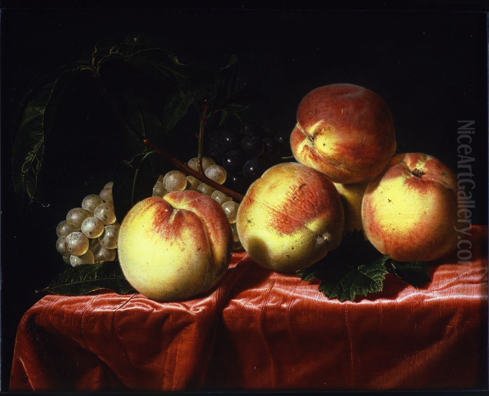 Peaches and Grapes on a Draped Table Oil Painting by Charlotte Vignon