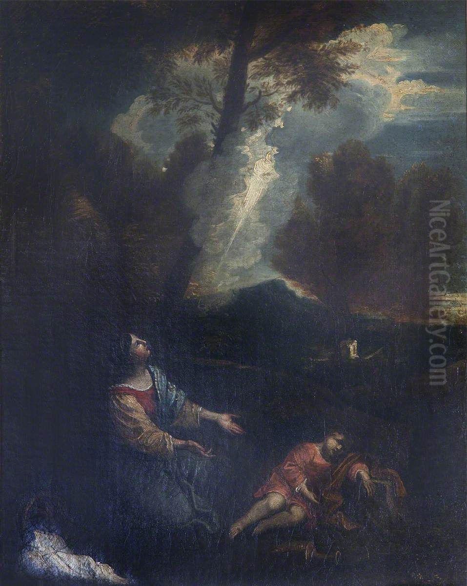 Hagar and Ishmael in the Desert, rescued by the Voice of an Angel (after Pier Francesco Mola) Oil Painting by Amelia Sophia Hume