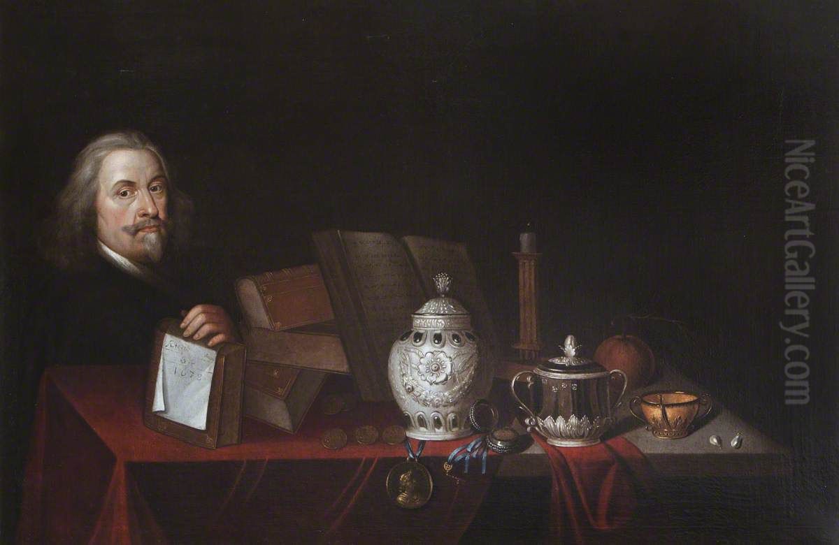 Self-portrait, aged 64 with a Still Life of Vases, Books and a Medal Oil Painting by Goddard Dunning