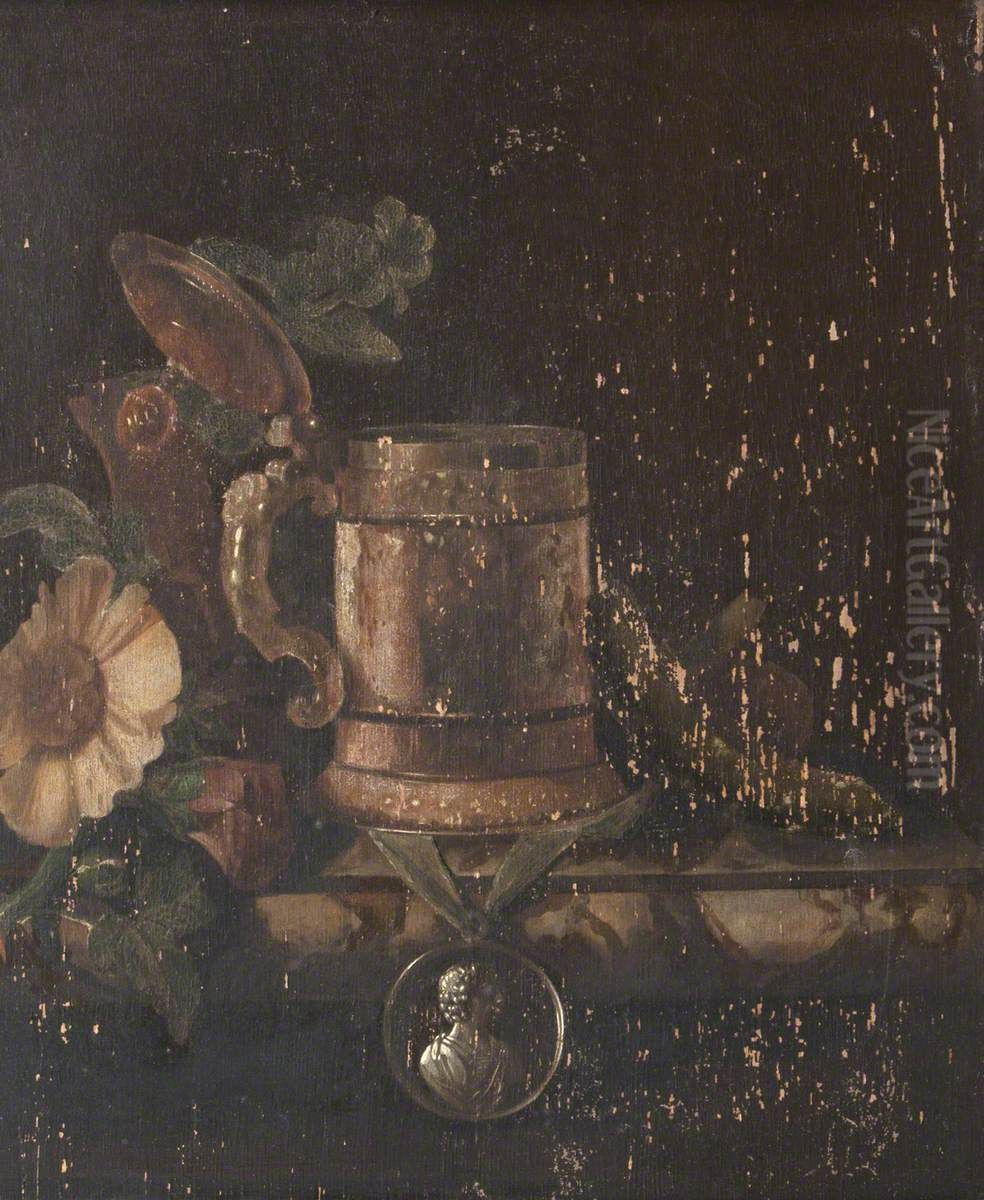 Still Life of a Tankard, Flowers and a Medal Oil Painting by Pieter Gerritsz van Roestraten