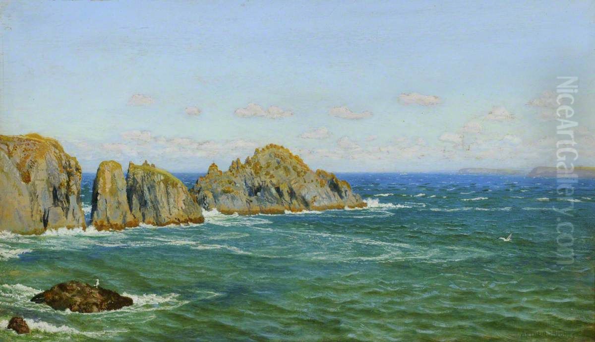A Rocky Coast, Merope Rocks, near Harlyn Bay, North Cornwall Oil Painting by Arthur Hughes