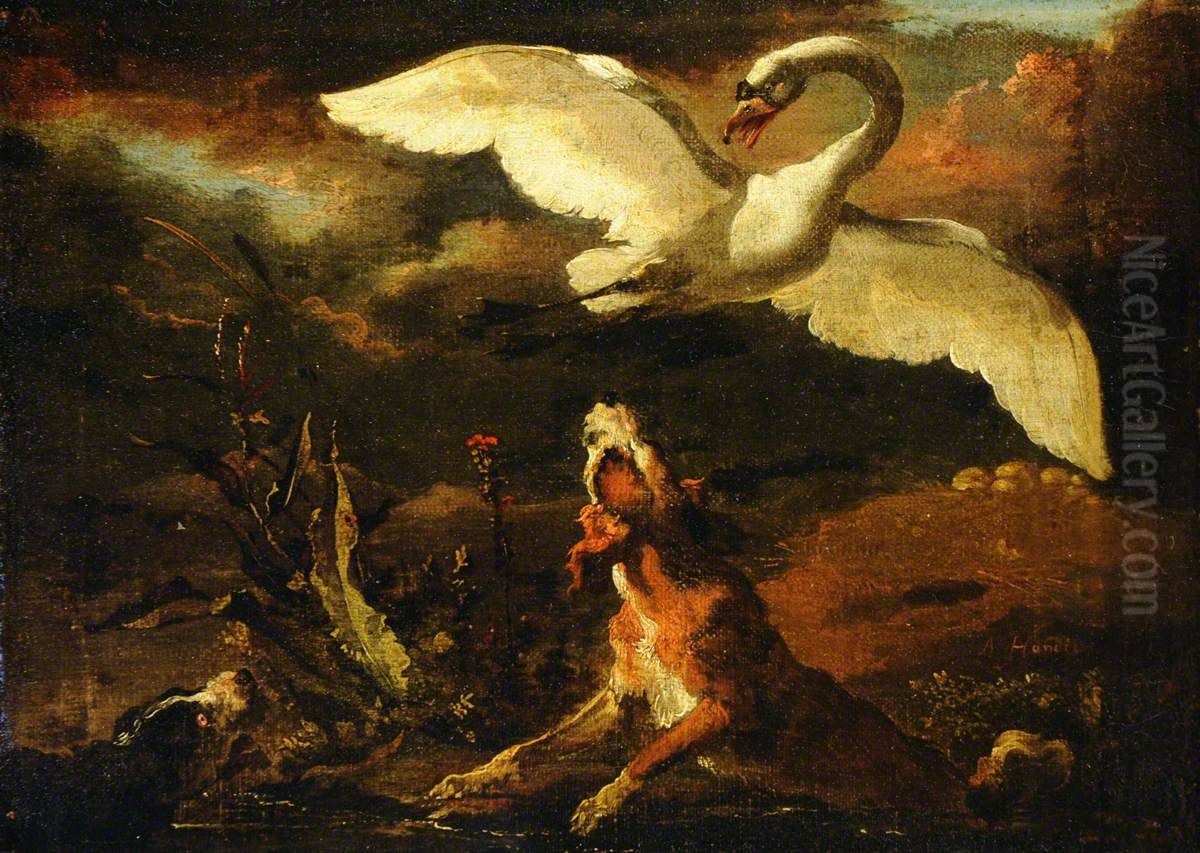 Hounds putting up a Swan Oil Painting by Abraham Danielsz. Hondius