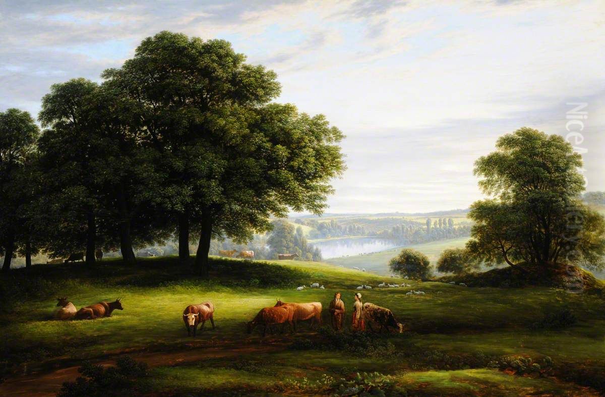 A View of Calke Park with a View of Lower Dog Kennel Pond, Figures, Cattle and Sheep Oil Painting by John Glover