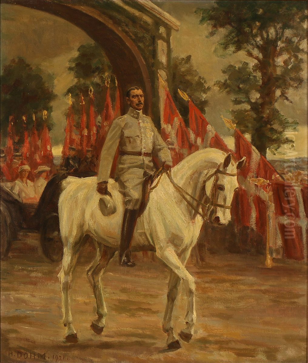 Genforeningen den 10. juli 1920. Kong Christian X rider igennem aeresporten ved Frederikhoj. Oil Painting by Heinrich Dohm