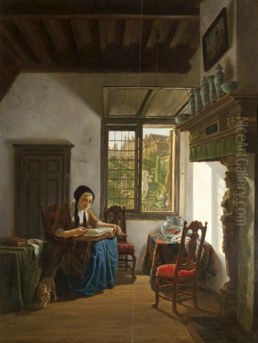 Cottage Interior with Woman reading, possibly, a Bible (Housekeeper's Room) Oil Painting by Abraham van Strij
