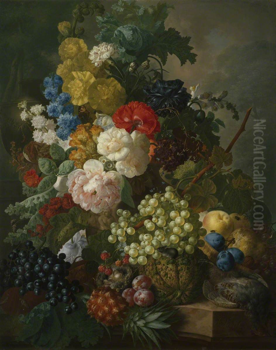 Still life with Roses, Larkspur and Fruit, with a Partridge Oil Painting by Jan van Os