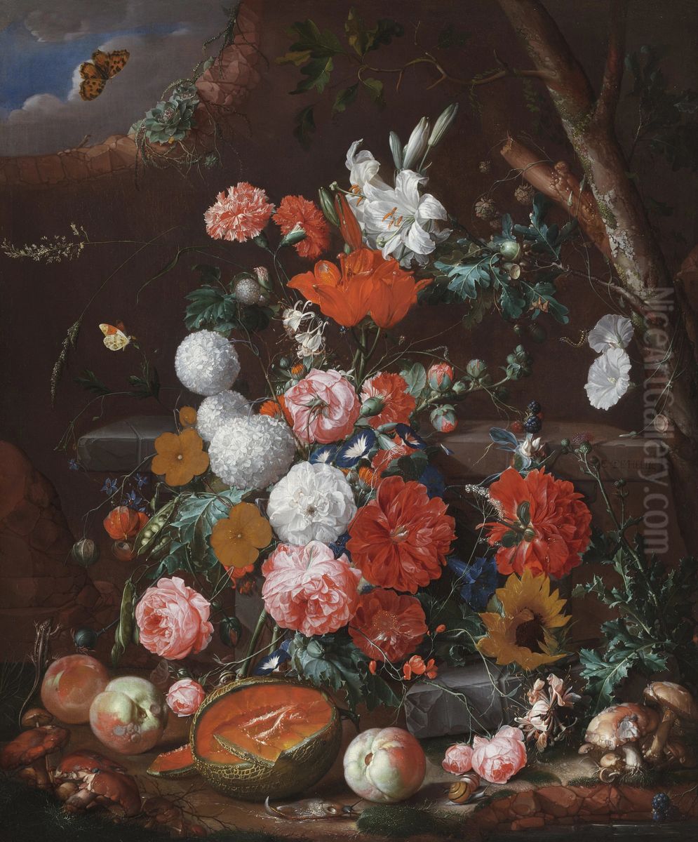 A Still Life of Flowers and Fruit arranged on a Stone Plinth in a Garden Oil Painting by Cornelis De Heem