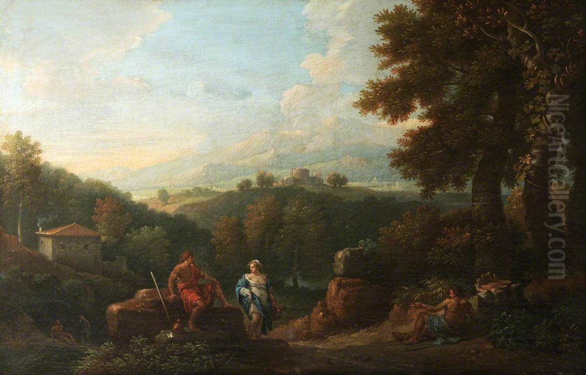 A Woman conversing with Two Men on a Path Oil Painting by Jan Frans van Bloemen