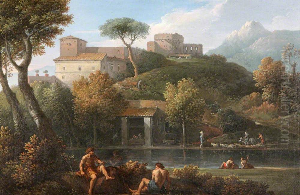Two Men conversing by a Lake beneath a Castle Oil Painting by Gaspard Dughet