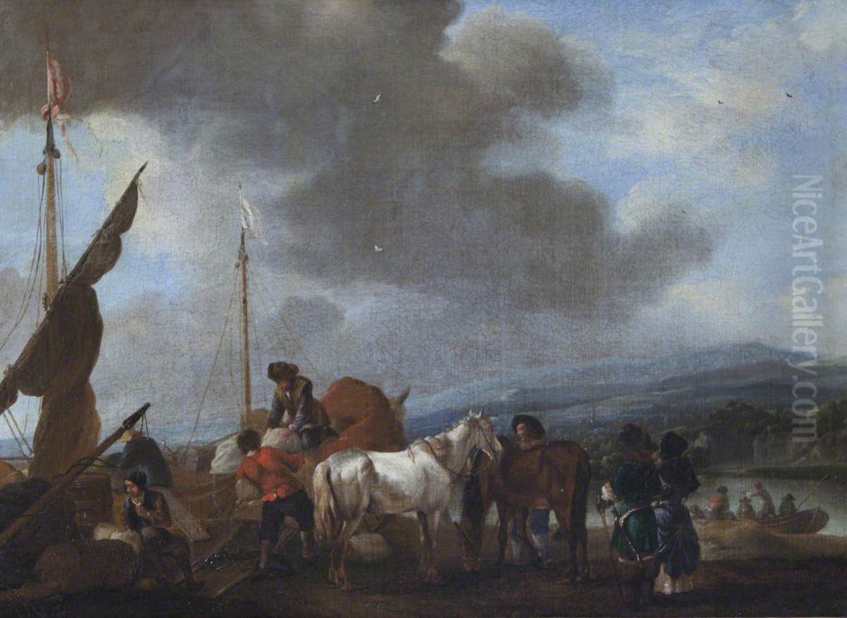 Men loading a Boat at Scheveningen Oil Painting by Philips Wouwerman