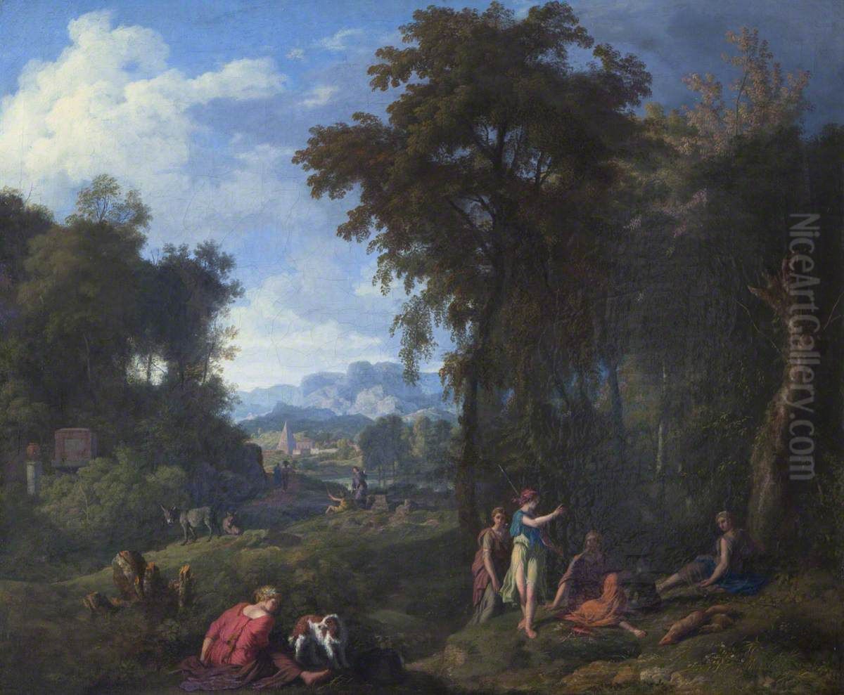 Classical Landscape with Diana and her Nymphs resting after the Chase Oil Painting by Johannes Glauber