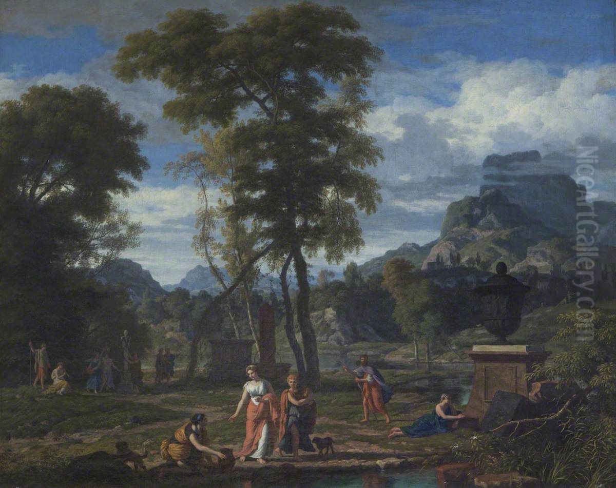 Classical Landscape with Greek Maidens venerating a Statue of Pan amongst Tombs Oil Painting by Johannes Glauber