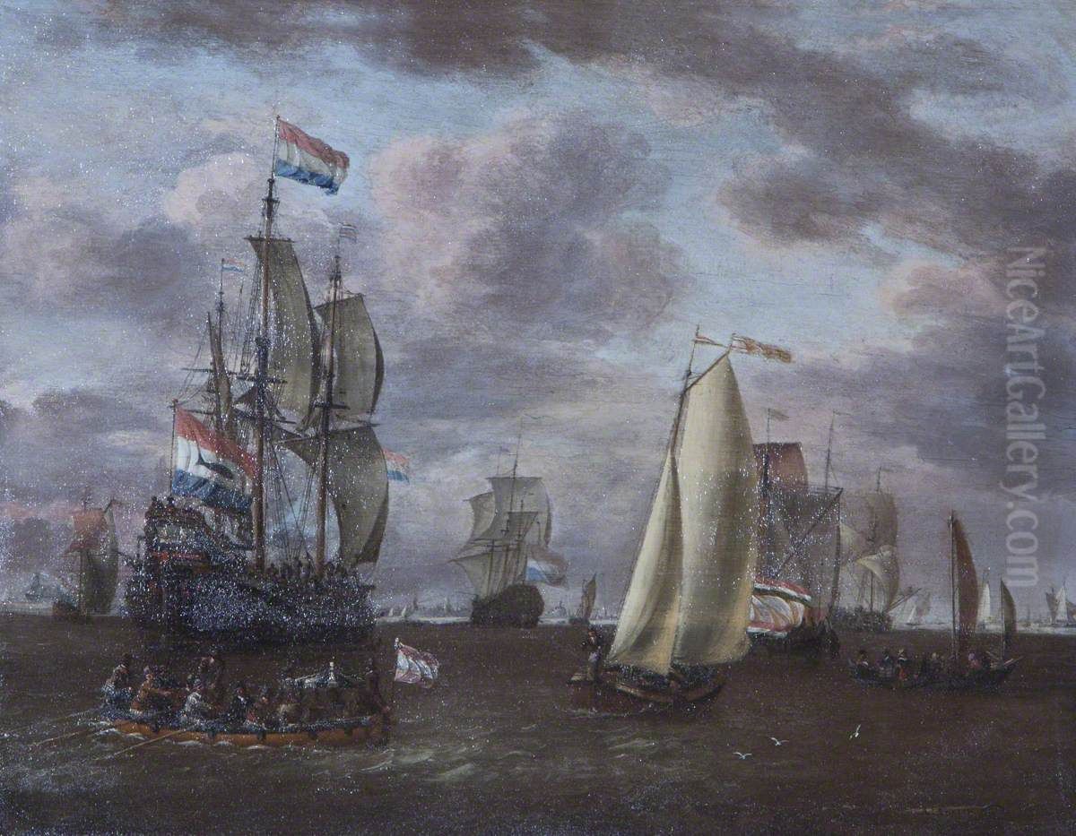 A Whaler and other Ships at Anchor before a Port Oil Painting by Abraham Storck