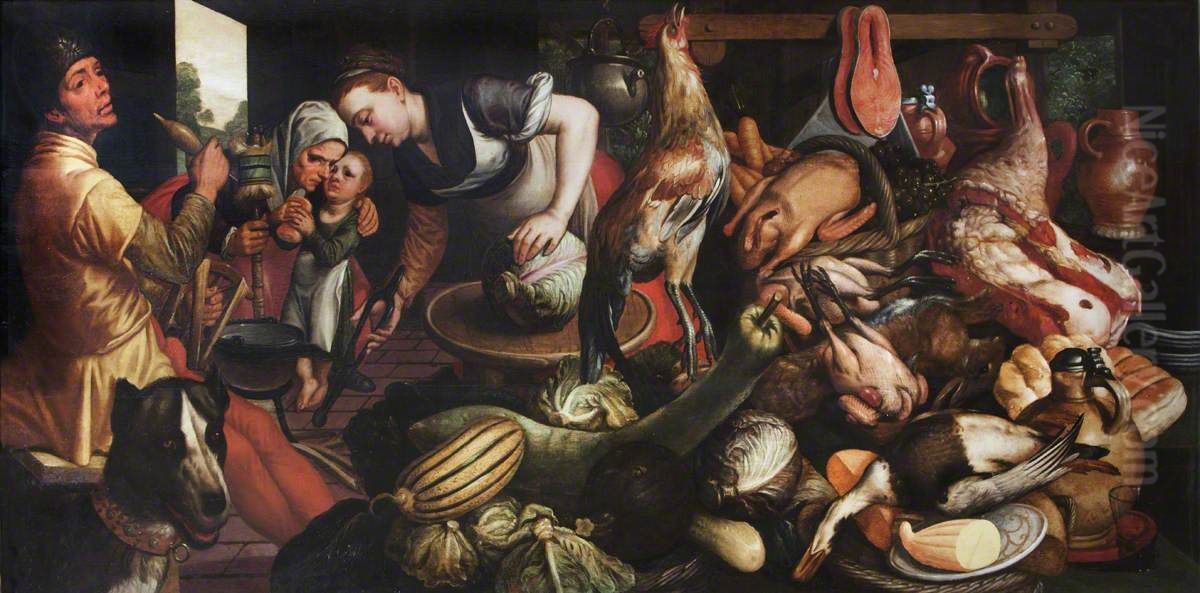 A Kitchen Scene and Still Life Oil Painting by Pieter Aertsen