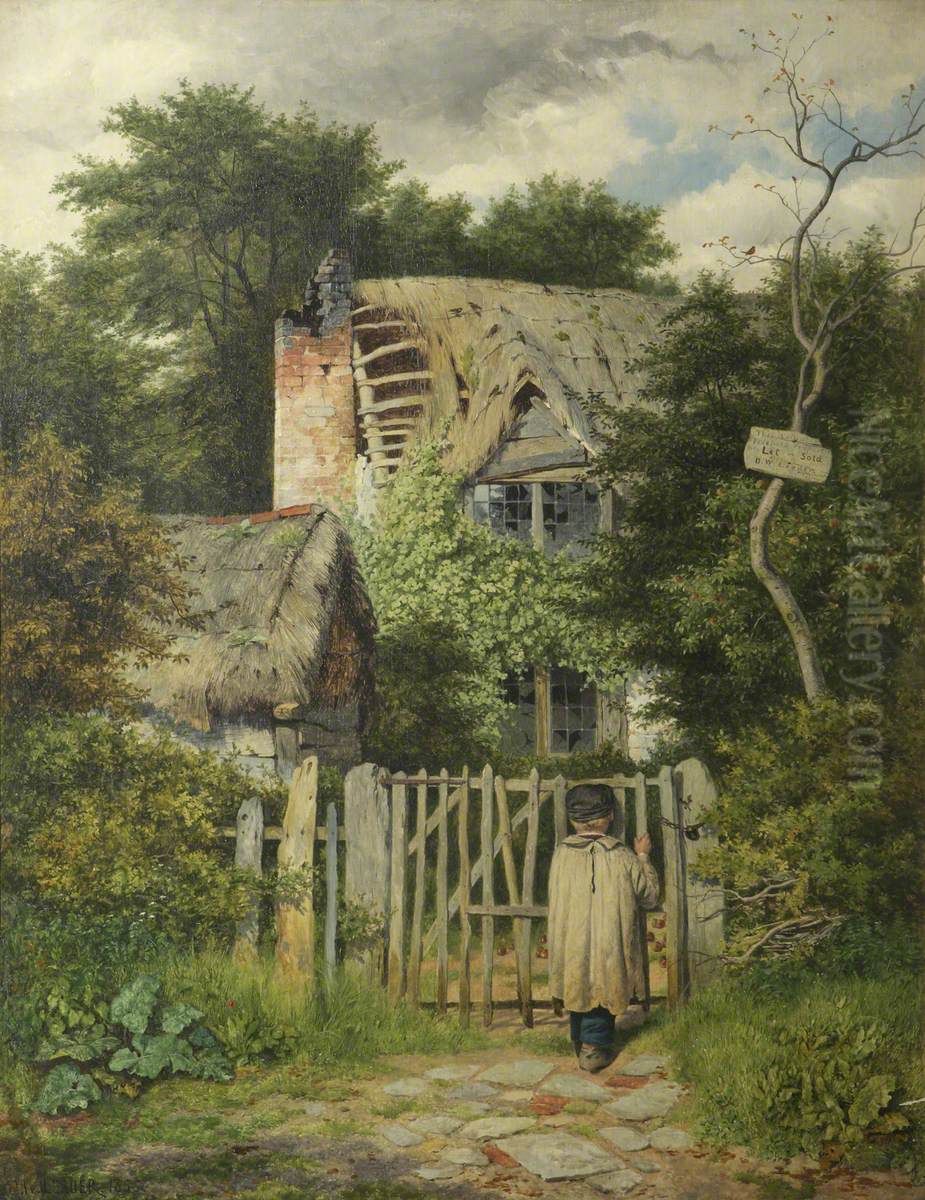 A Small Boy standing at the Gate of a Ruined Cottage Oil Painting by Benjamin Williams Leader