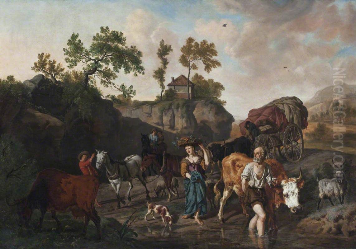Landscape with an Old Herdsman and Young Market Girl fording a Stream followed by Two Horse-and-Carts with Grooms Oil Painting by Dirck van der Bergen