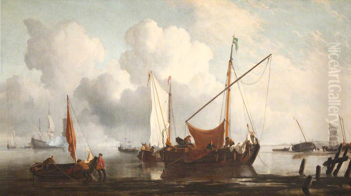 A Kaag near the Shore with other Vessels Oil Painting by Willem van de Velde the Younger