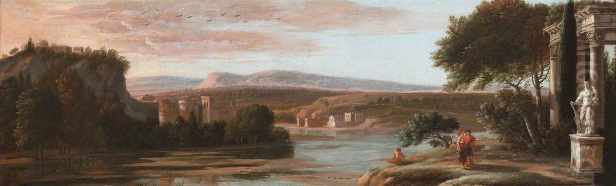 River Landscape with Classical Ruins and a Castle Oil Painting by Hendrick Danckerts