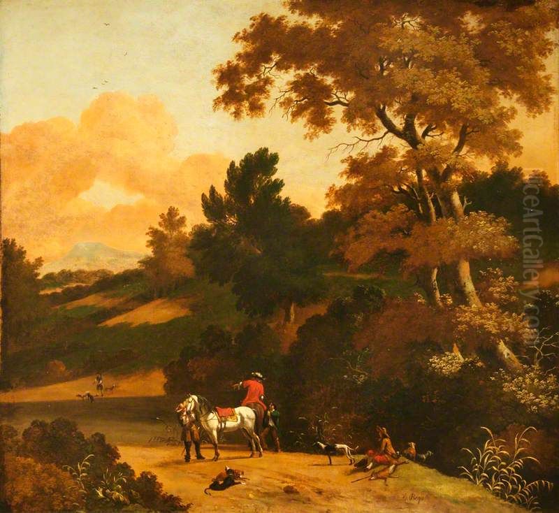 Landscape with Figures, Cattle, Sheep, and a Castle in the distance Oil Painting by Dirck van der Bergen
