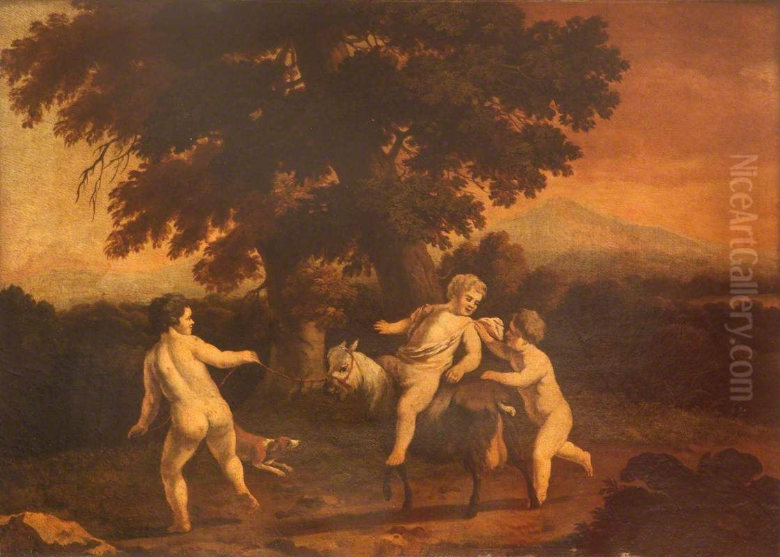 Landscape with Three Naked Boys, one riding a goat Oil Painting by Abraham Begeyn
