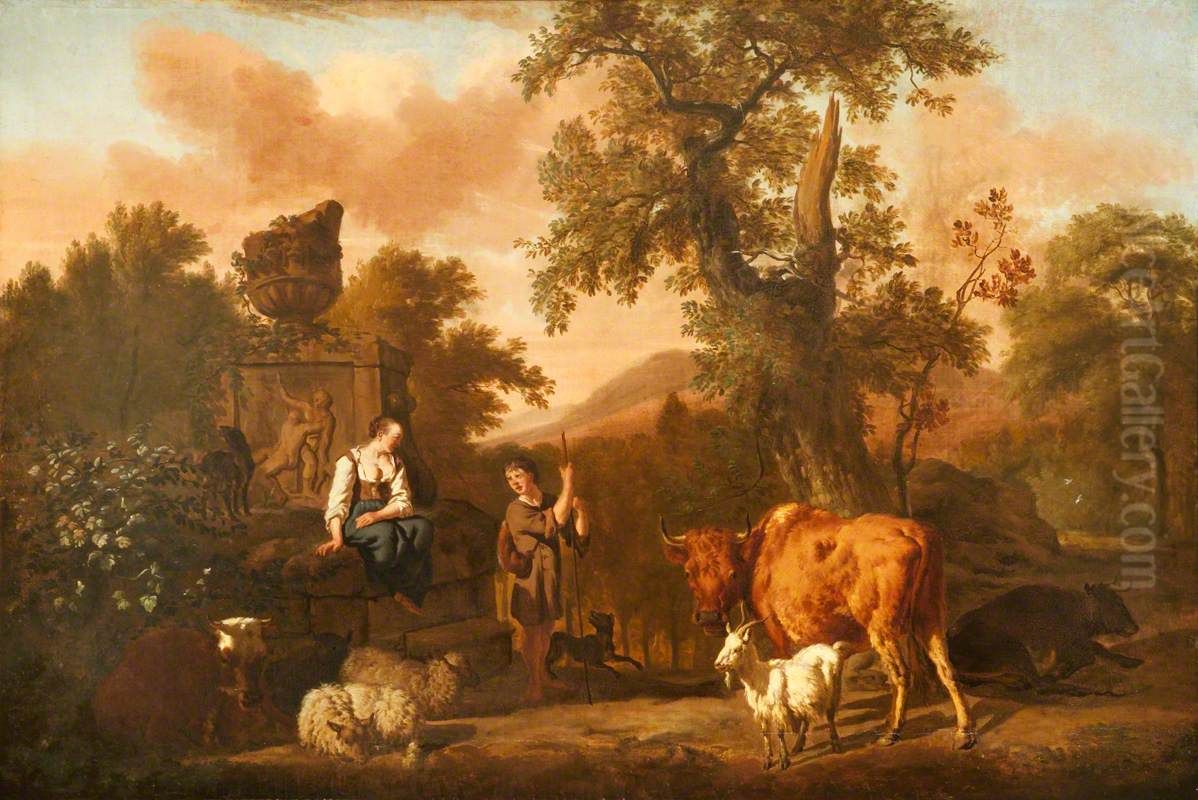 A shepherd with cattle and a young woman near a broken stone vase on a pedestal Oil Painting by Dirck van der Bergen