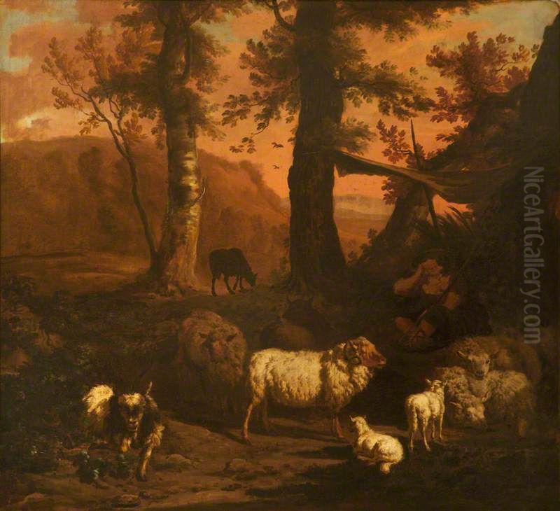 A Landscape with a Shepherd under an Awning surrounded by Sheep and a Goat Oil Painting by Dirck van der Bergen