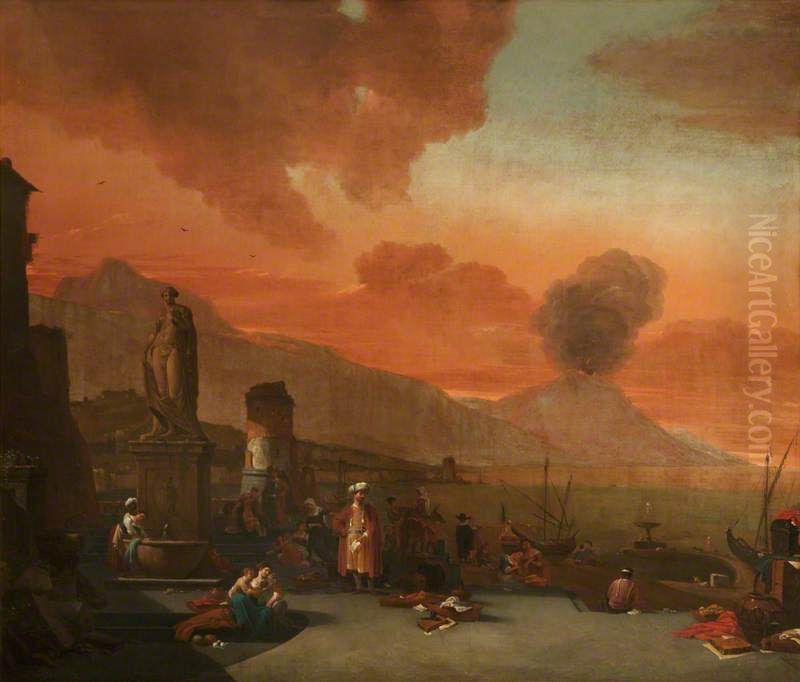 View of the Bay of Naples with Orientals and an Antique Statue Oil Painting by Thomas Wijck