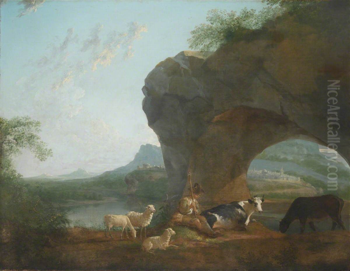 Italianate Landscape with a Herdsman and Three Sheep and Two Cows under a Rock Arch Oil Painting by Benjamin Barker