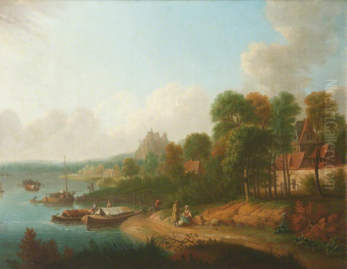 River Scene with Boatmen and Barges Oil Painting by Johann Caspar Zehender