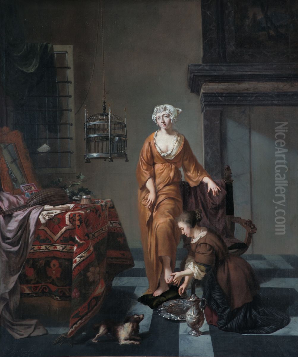 A Lady in an Interior with a Servant washing her Foot Oil Painting by Johannes Voorhout