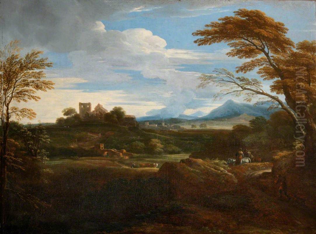 A Southern Landscape with Shepherds and a Distant Town Oil Painting by Jan Frans van Bloemen