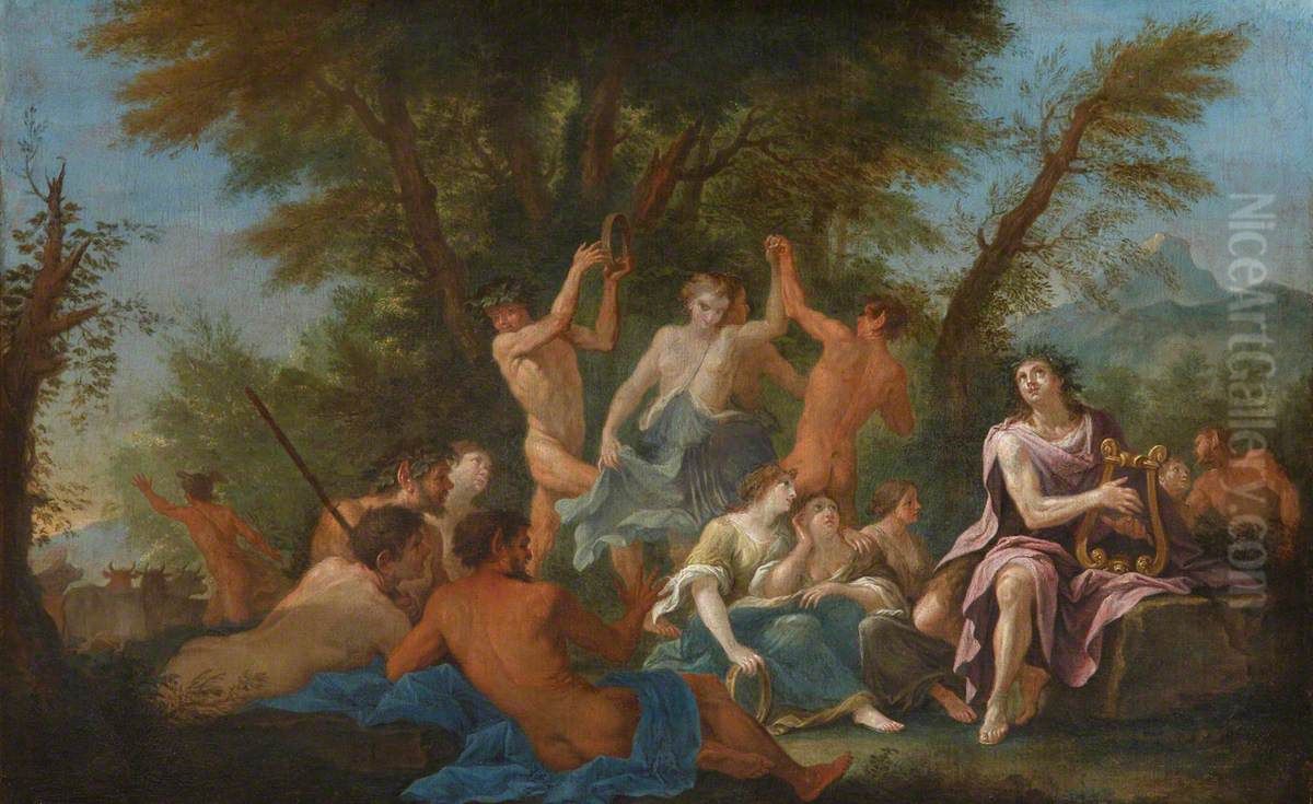 Apollo with Nymphs and Satyrs and Mercury stealing the Cattle of Admetus Oil Painting by Filippo Lauri