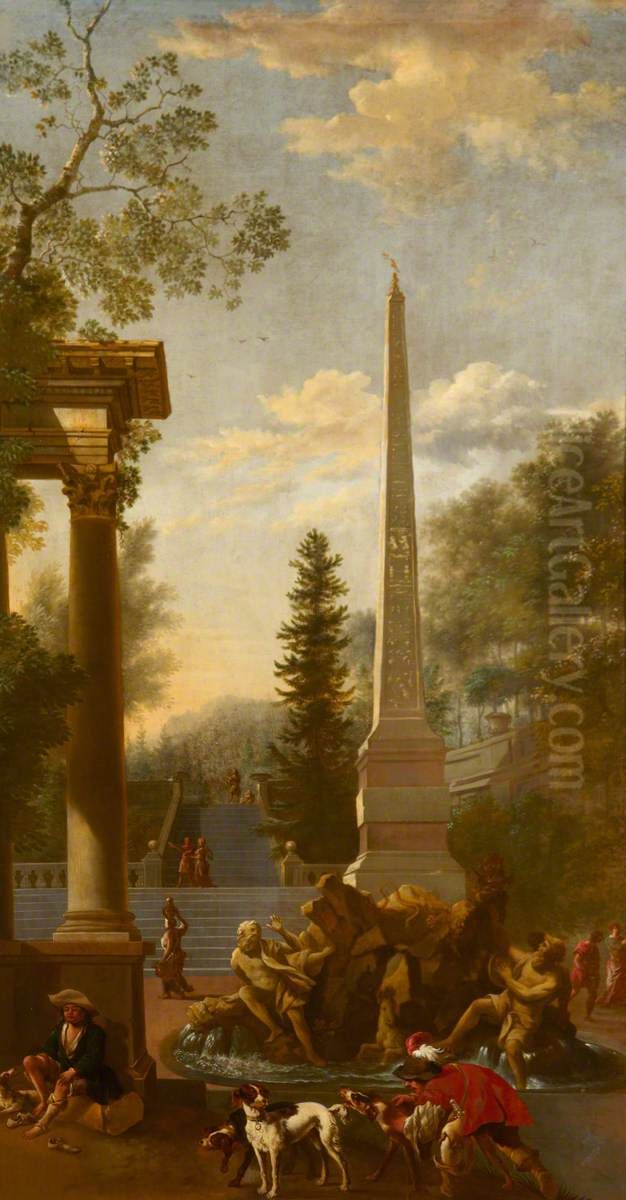 A Capriccio with Bernini's Central Fountain of the Piazza Navona, Rome Oil Painting by Johannes Lingelbach