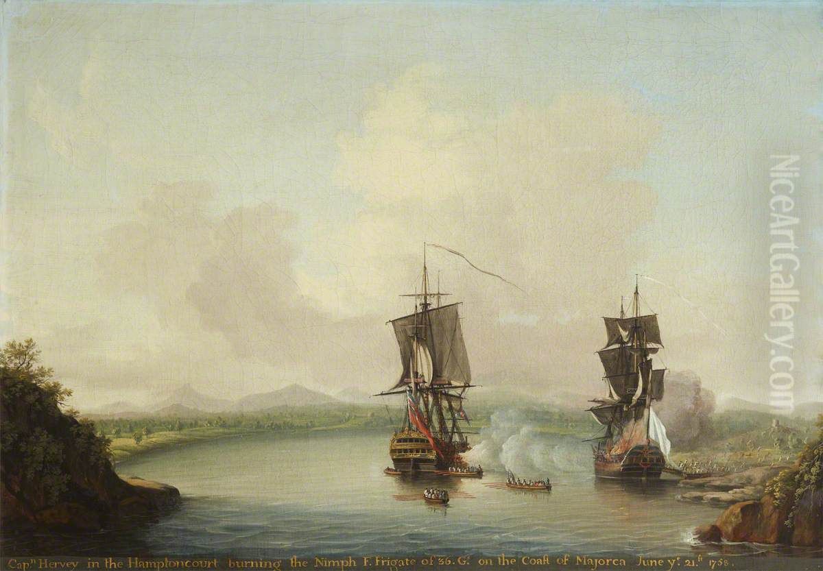 Lord Augustus John Hervey, later 3rd Earl of Bristol (1724-1779)  in the 'Hampton Court' burning the 'Nimph' on the Coast of Majorca, 21st June 1758 Oil Painting by Dominic Serres