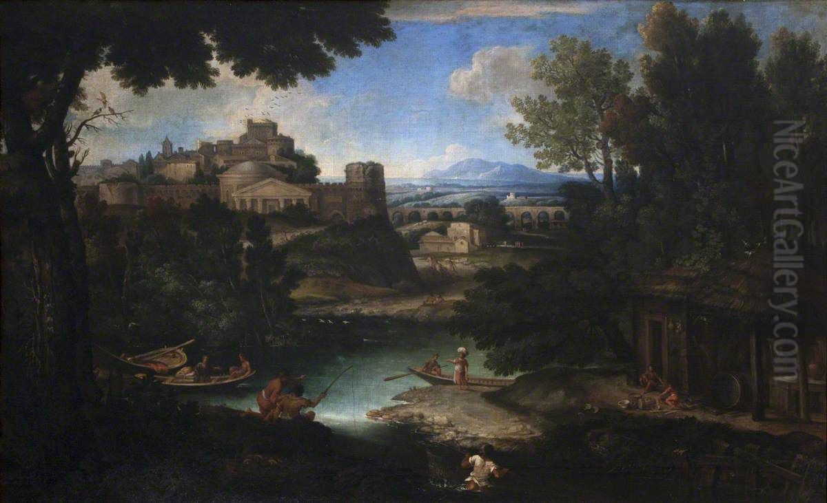 River Scene with Classical Buildings and Figures Oil Painting by Giovanni Francesco Grimaldi