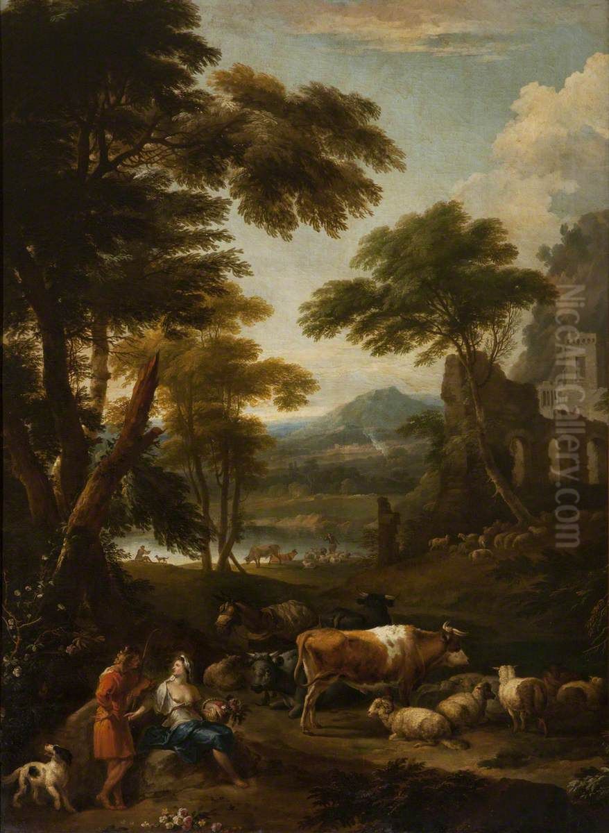 A Wooded Landscape with Figures Oil Painting by Jan Frans van Bloemen