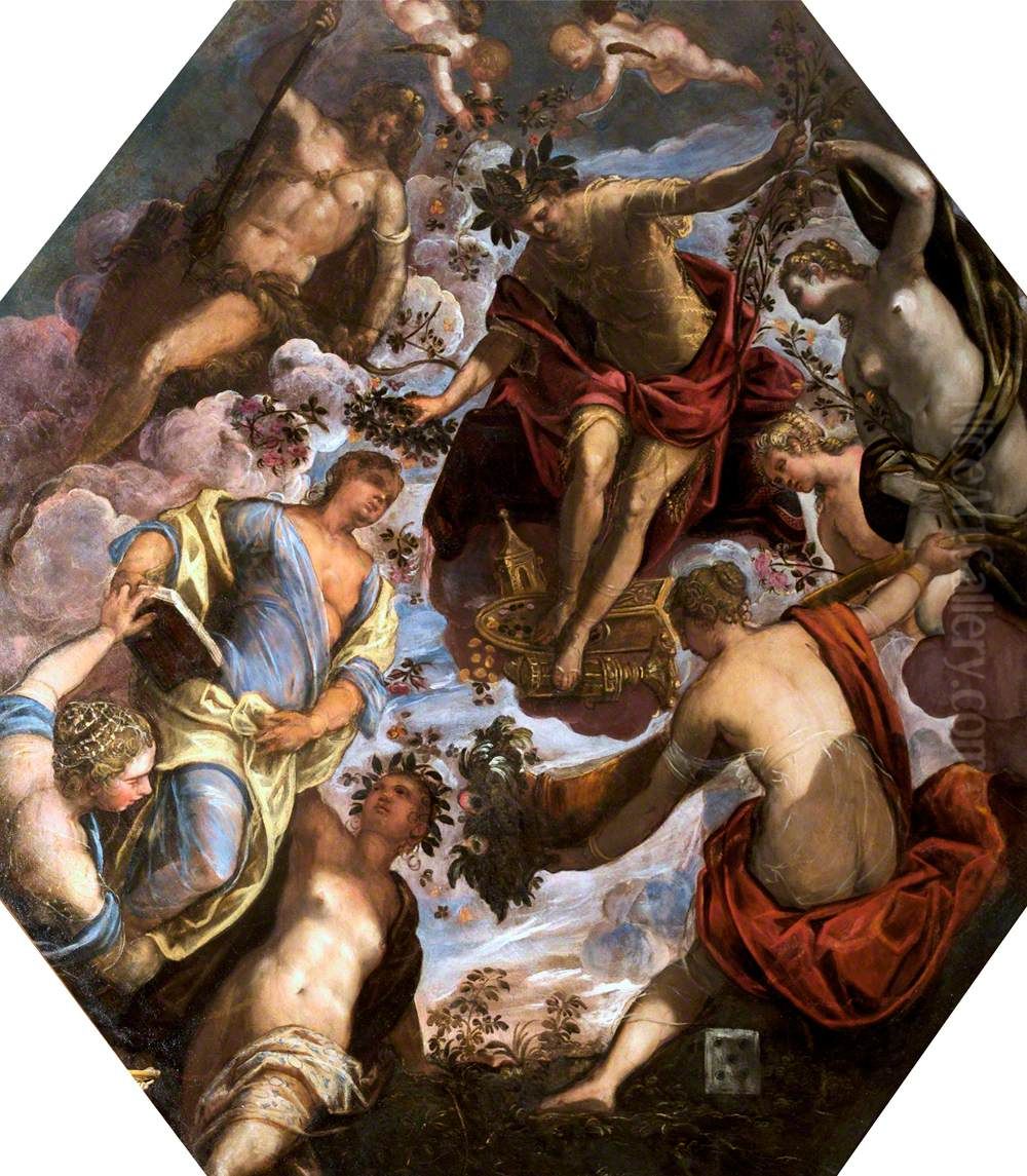 Apollo crowning a Poet and joining him with a Consort, witnessed by Hercules and by four other Females Oil Painting by Jacopo Tintoretto