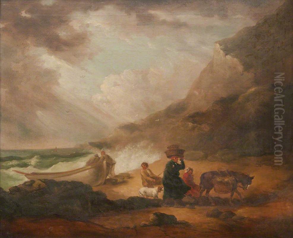 A Stormy Seashore Scene Oil Painting by George Morland