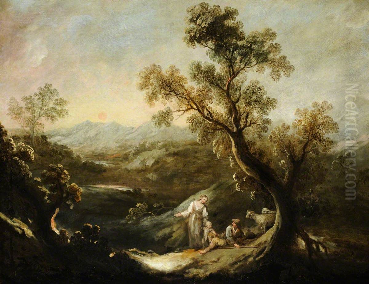 An Extensive Mountain Landscape with Figures and Sheep Oil Painting by Ignacio de Iriarte