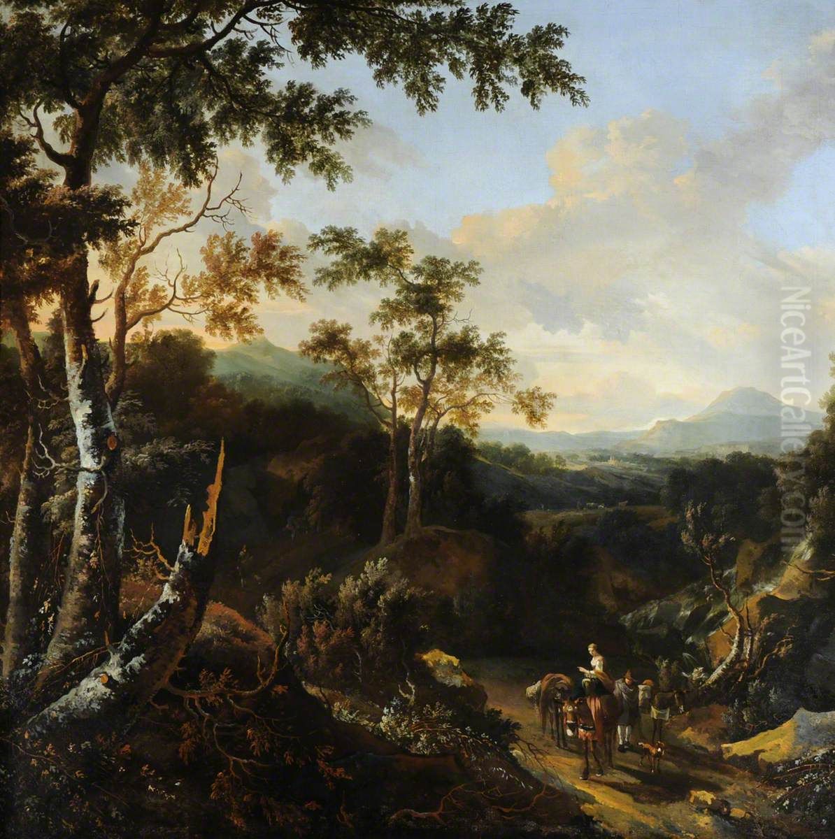 A Wooded Landscape with Peasants and Donkeys on a Path Oil Painting by Frederik de Moucheron