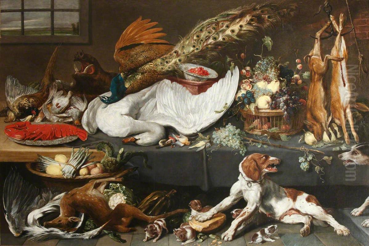 Larder with Dead Game, Swan and Lobster, Fruit, Vegetables and a Pointer Bitch defending her Puppies Oil Painting by Frans Snyders