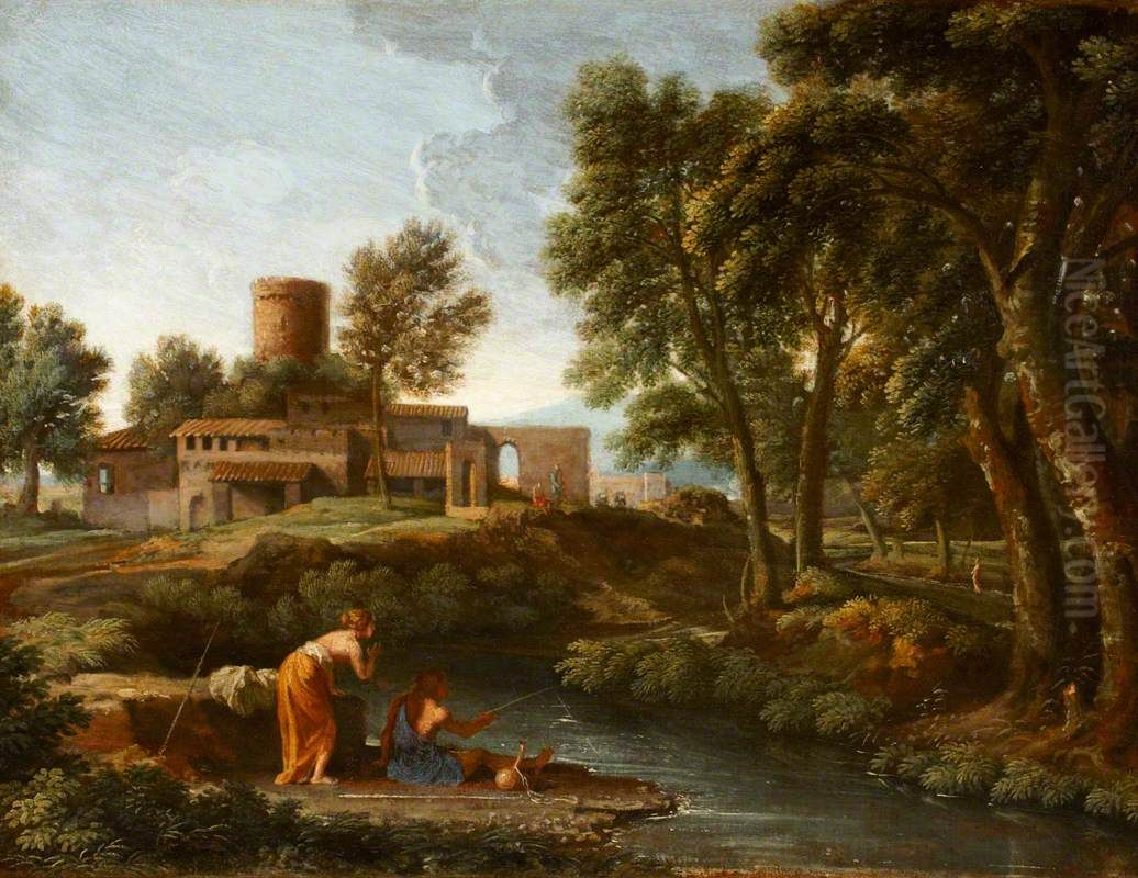 Landscape with a Man Fishing Oil Painting by Gaspard Dughet