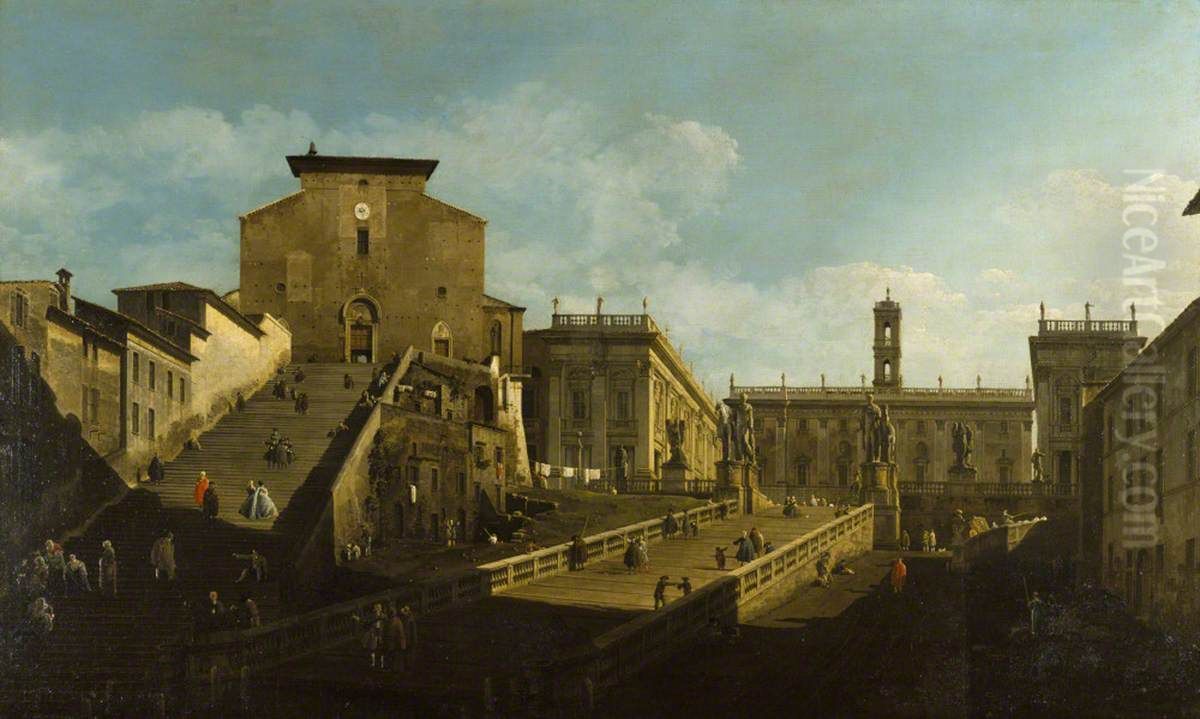 Piazza del Campidoglio with Santa Maria d'Aracoeli, Rome Oil Painting by Bernardo Bellotto