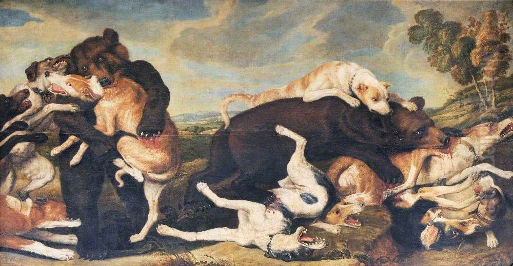 A Bear Hunt Oil Painting by Paul de Vos