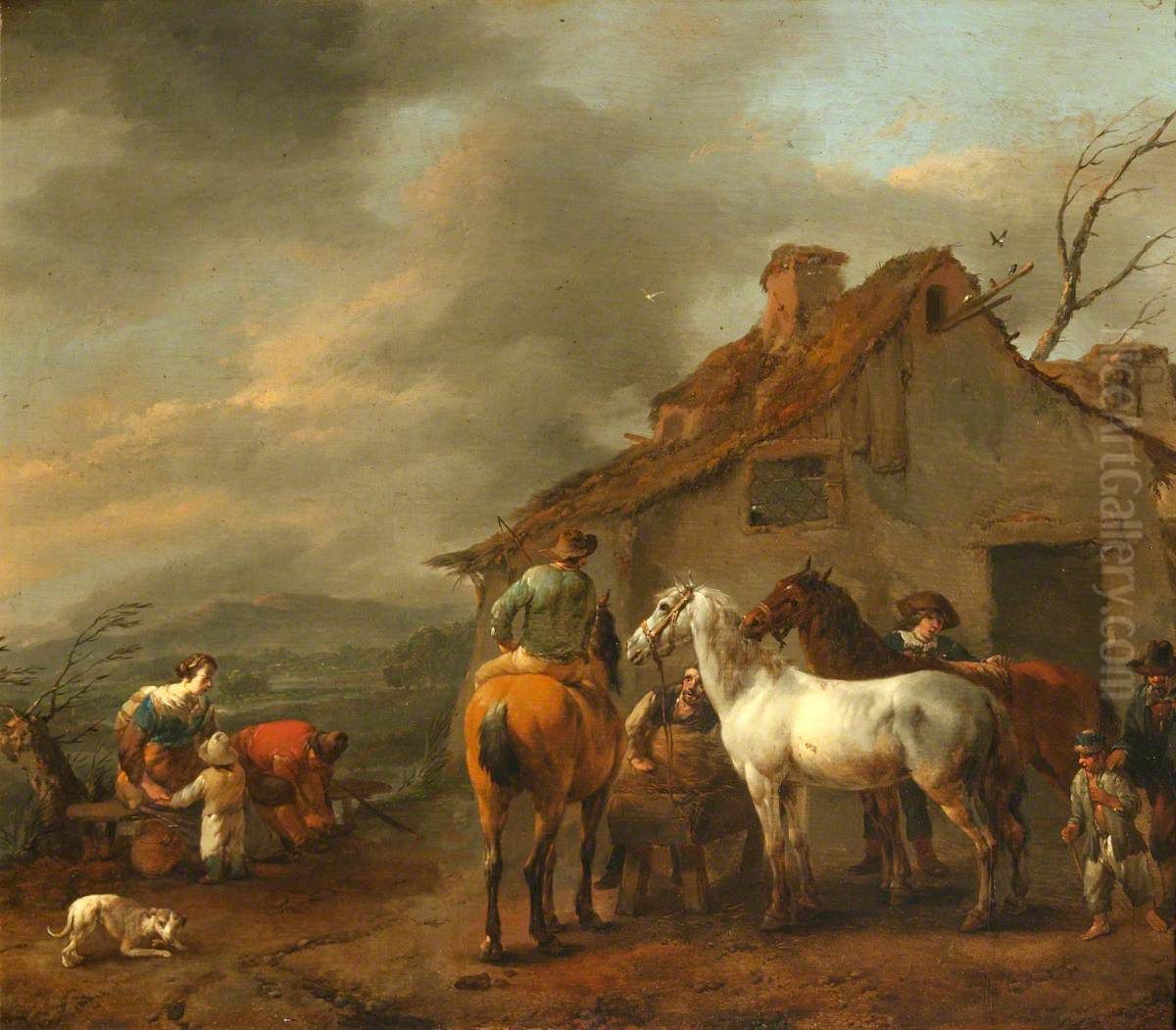 Horsemen and Peasants before a Cottage Oil Painting by Johannes Lingelbach